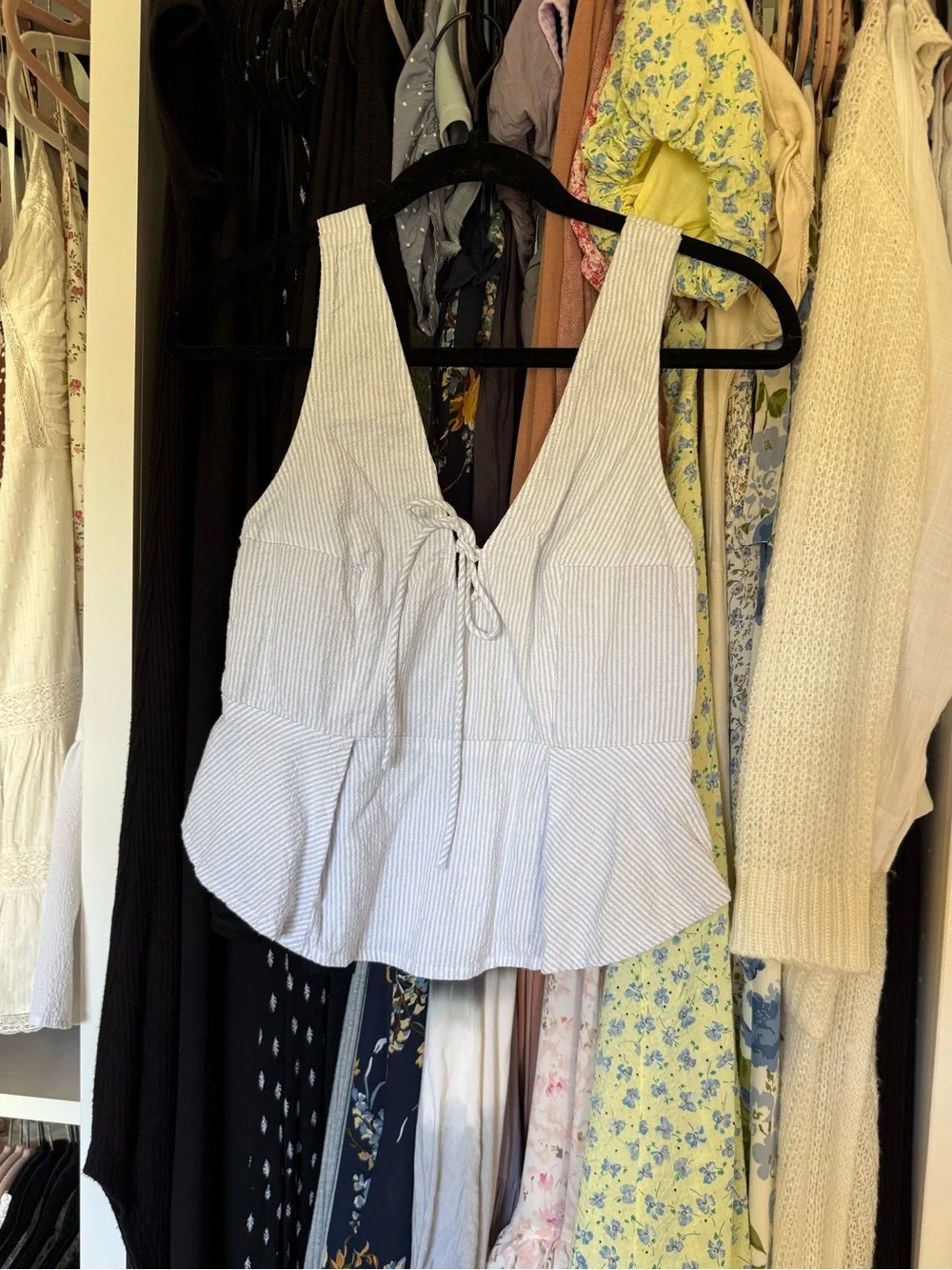 Free People Pinstripe Tie-Front Peplum Tank Top - Light Blue/White
